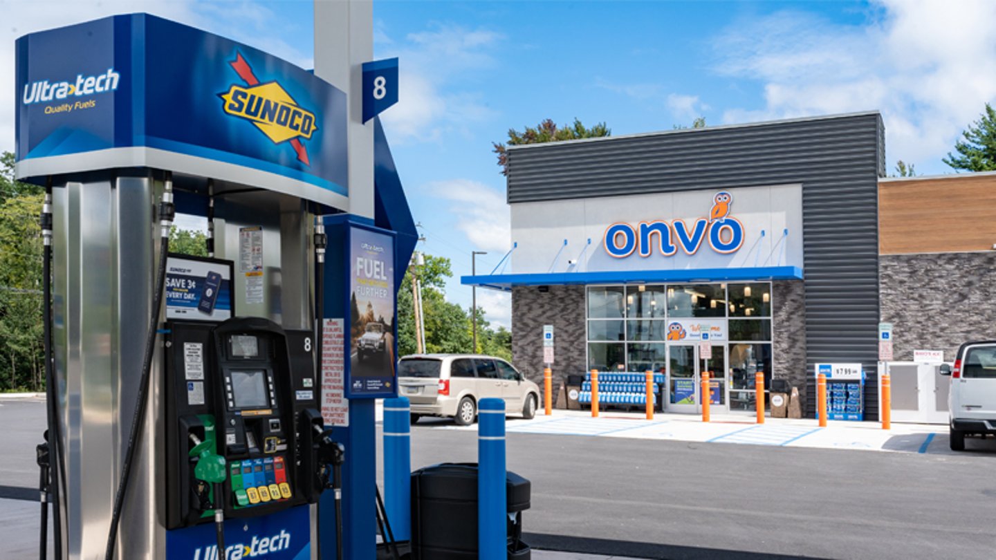 The gas pumps at Onvo travel center in Dorrance Township, Pa