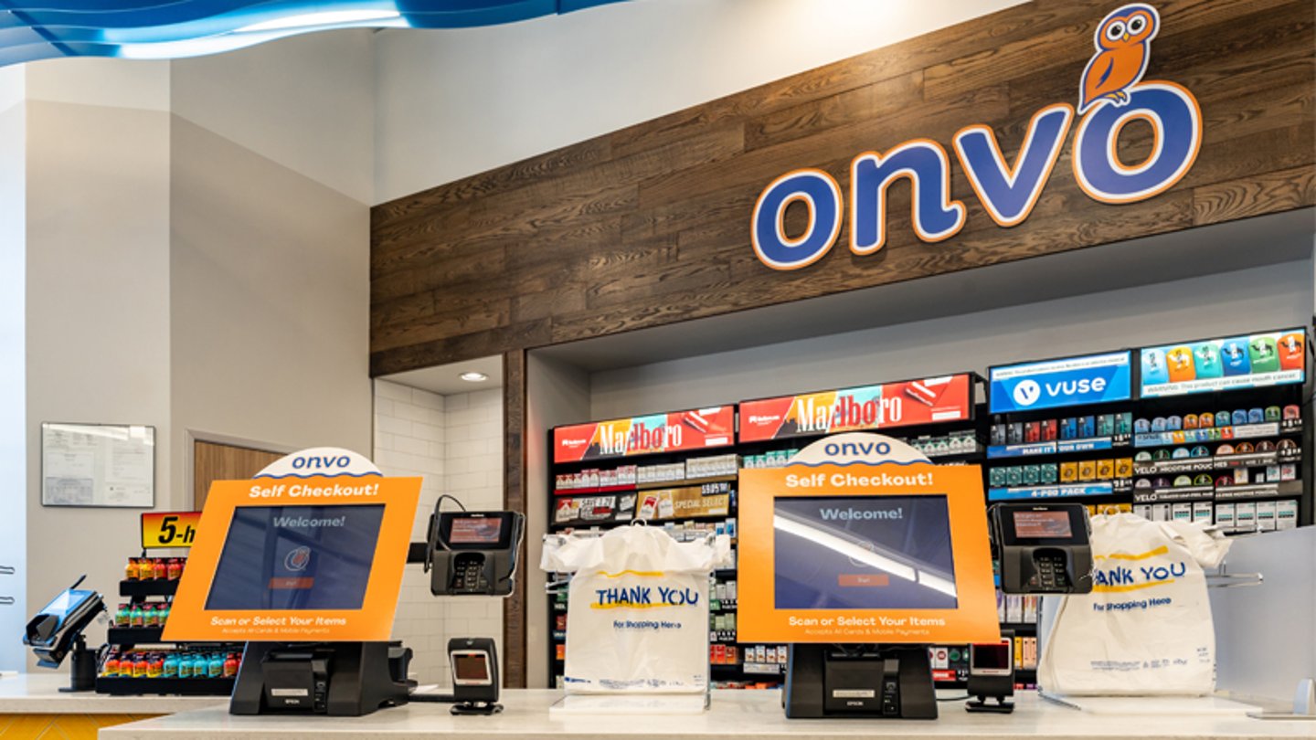 self checkout kiosks at Onvo travel center in Dorrance Township, Pa