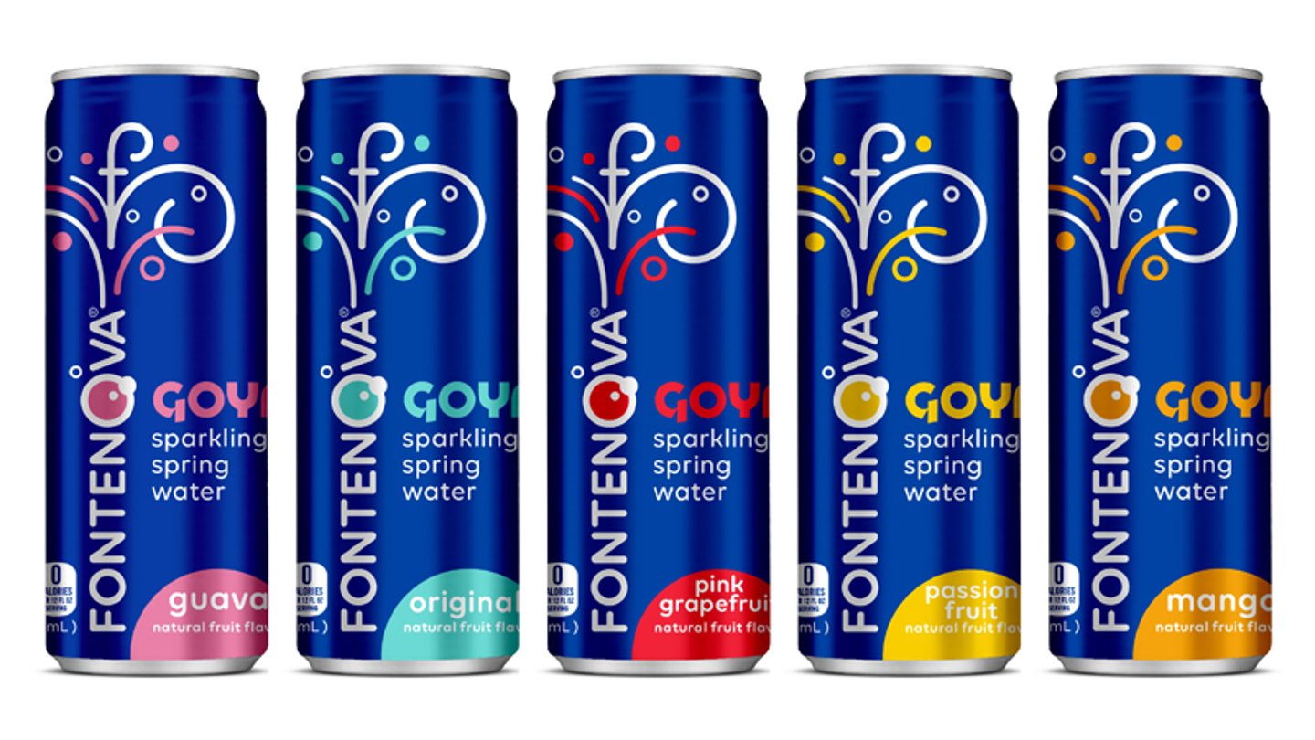 Cans of Goya Fontenova Sparkling Spring Water