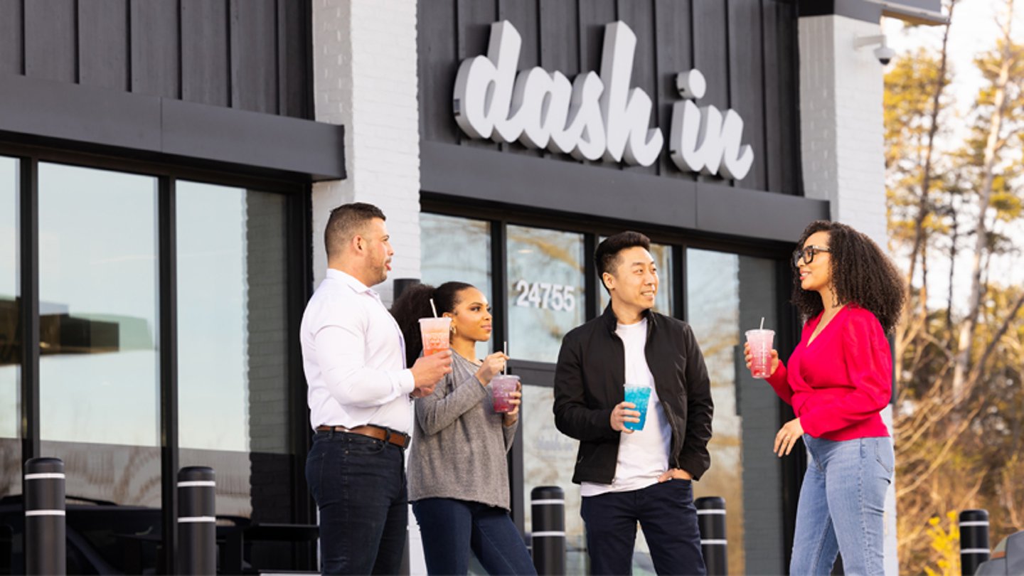 Customers outside the Dash In convenience store in Loudoun County Virginia