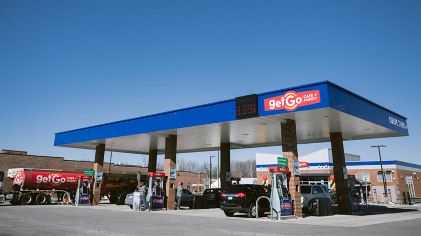 The gas pumps in front of the GetGo in Mentor, Ohio