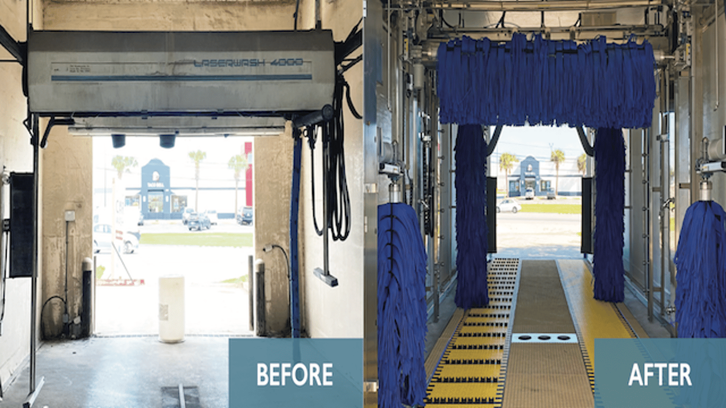 The before and after installing a ModBrite car wash system at a car wash