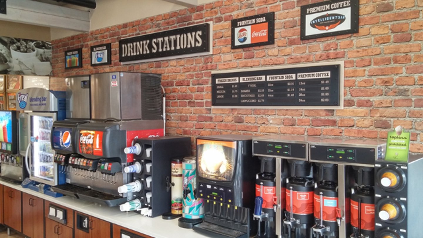 A dispensed beverage bar at a convenience store
