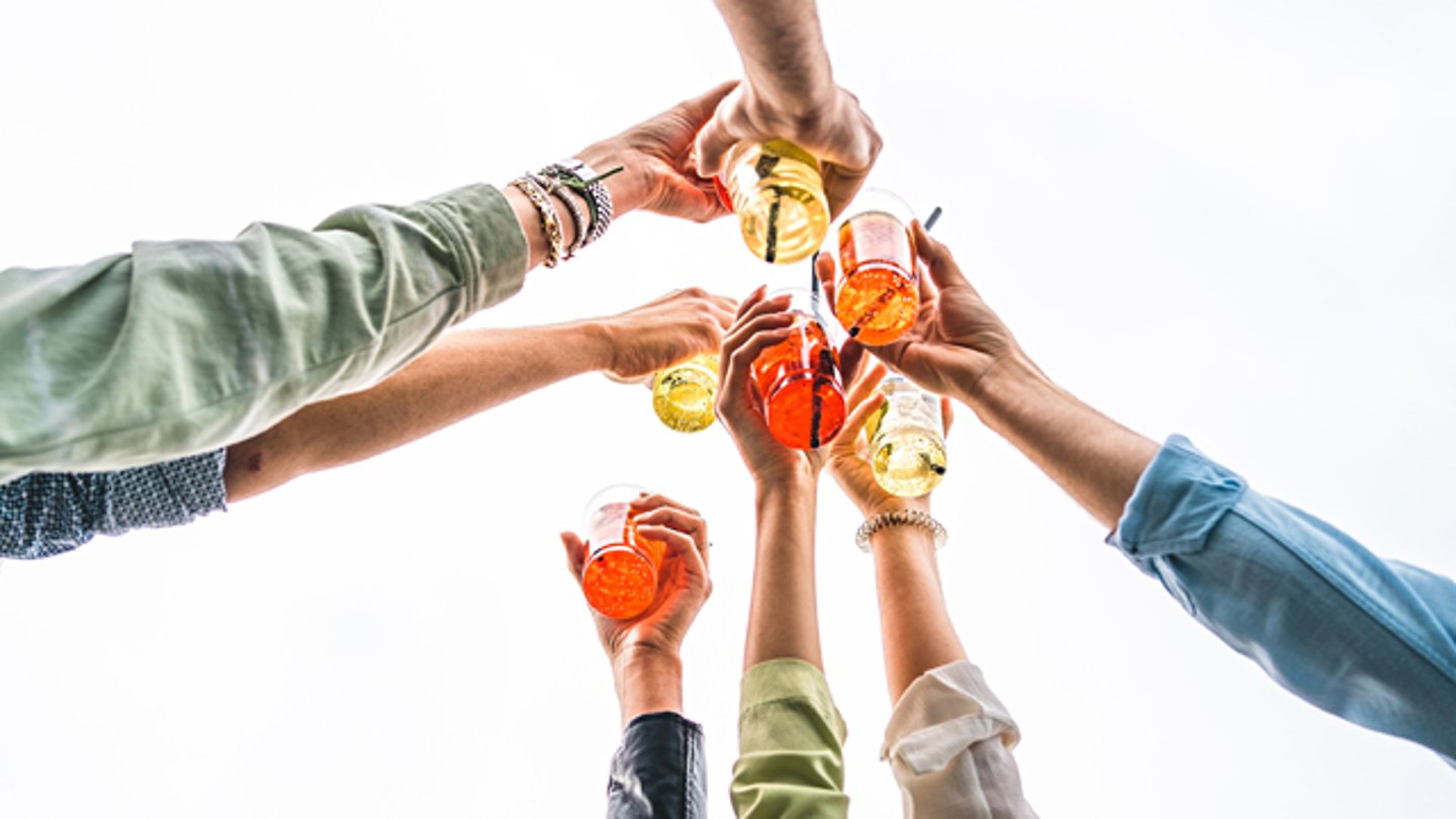 A group of friends toasting with alcoholic beverages