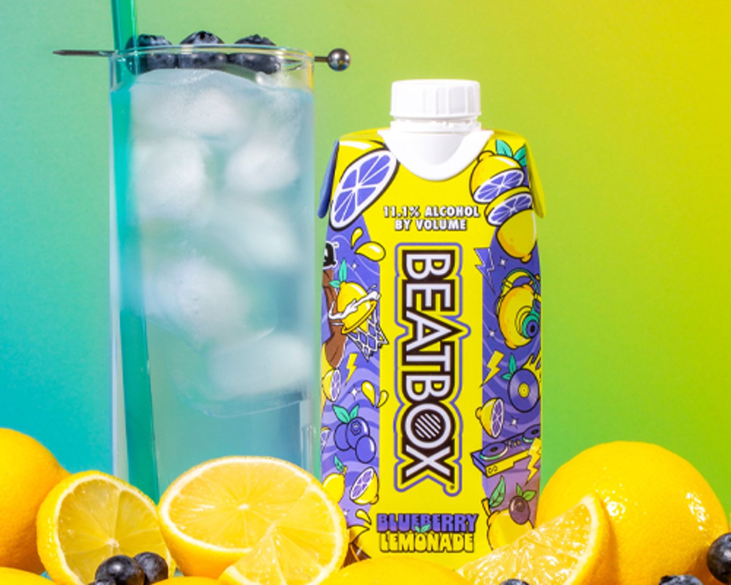 BeatBox Blueberry Lemonade  surrounded by lemons and blueberries