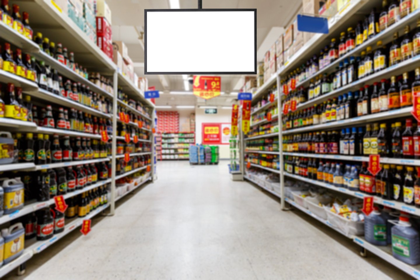 A video screen in a grocery aisle