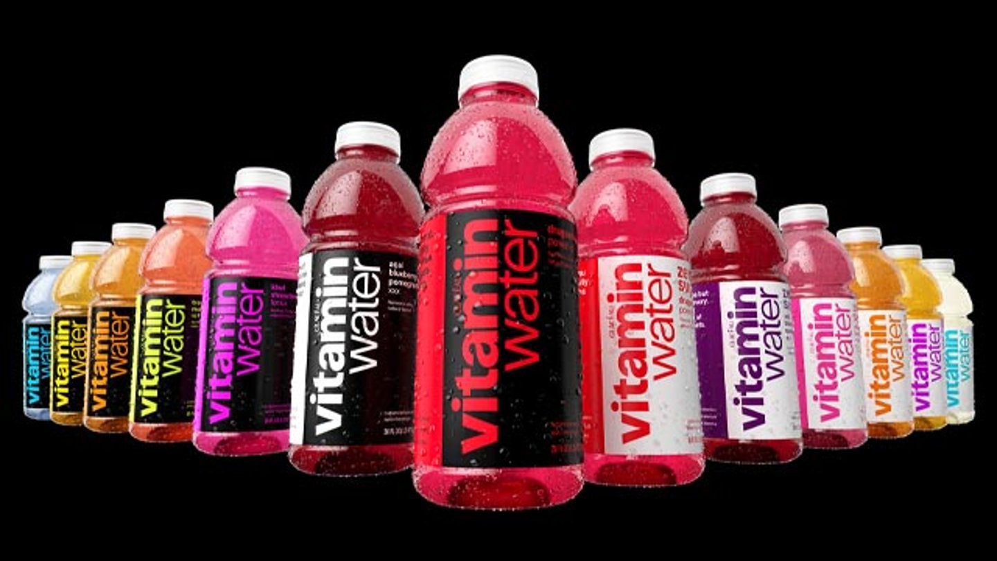 Several bottles of vitaminwater with the new look