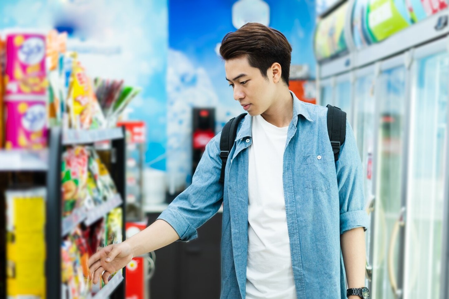 image of Asian man shopping at a convenience store; Shutterstock ID 2304649571