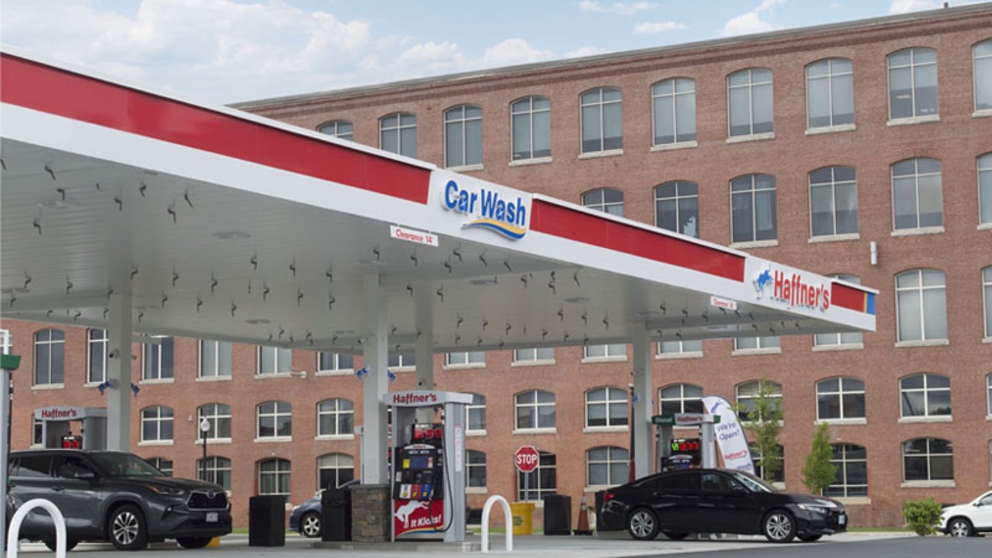 The gas station and car wash at Haffner's flagship store