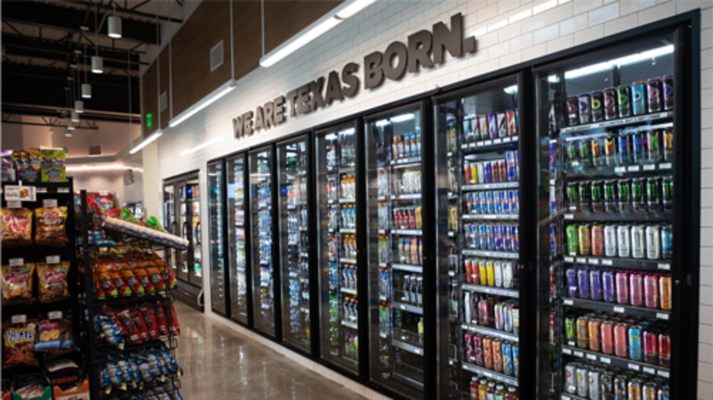 Alcoholic beverages in the cooler at a Texas Born convenience store