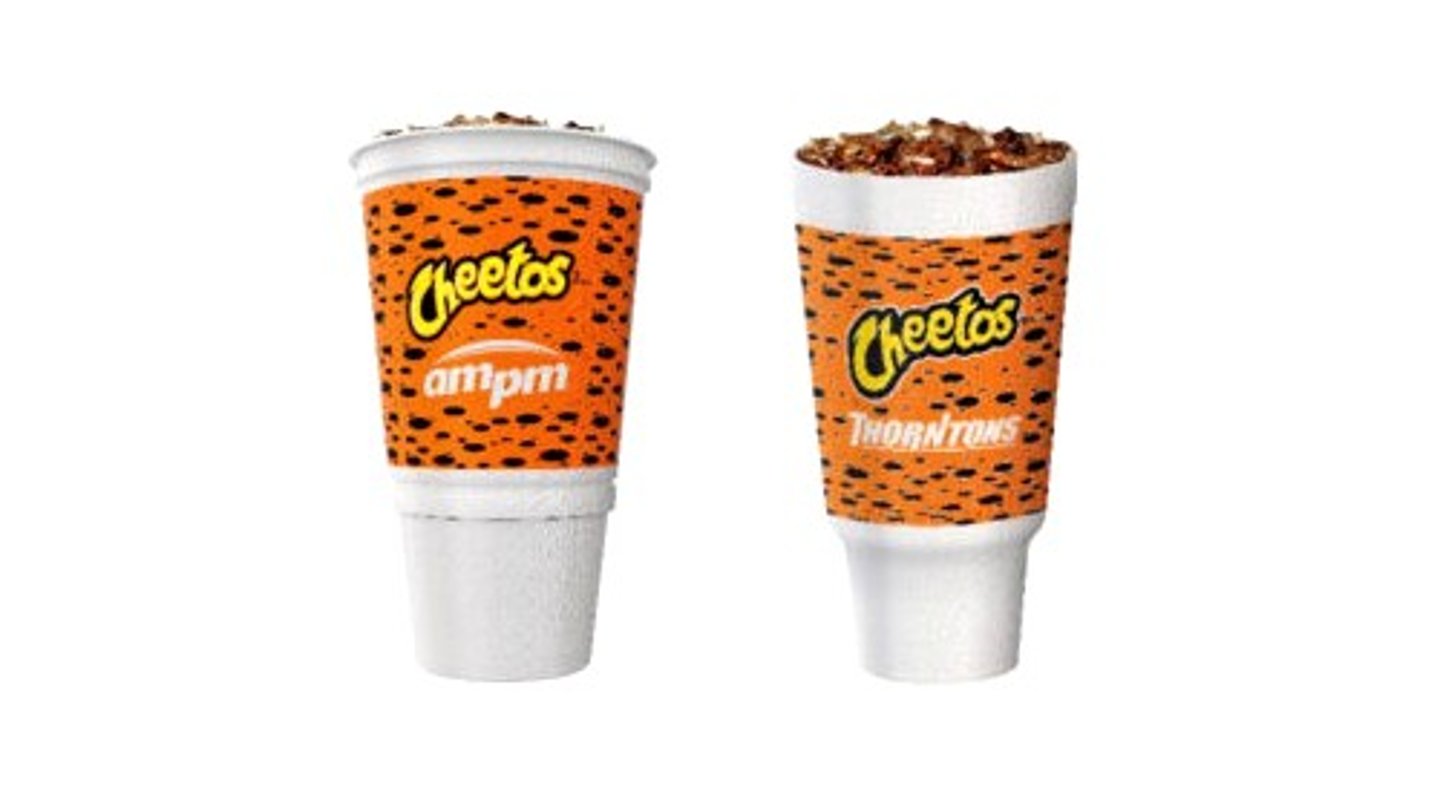 Cheetos branding on ampm and Thorntons large beverages cups