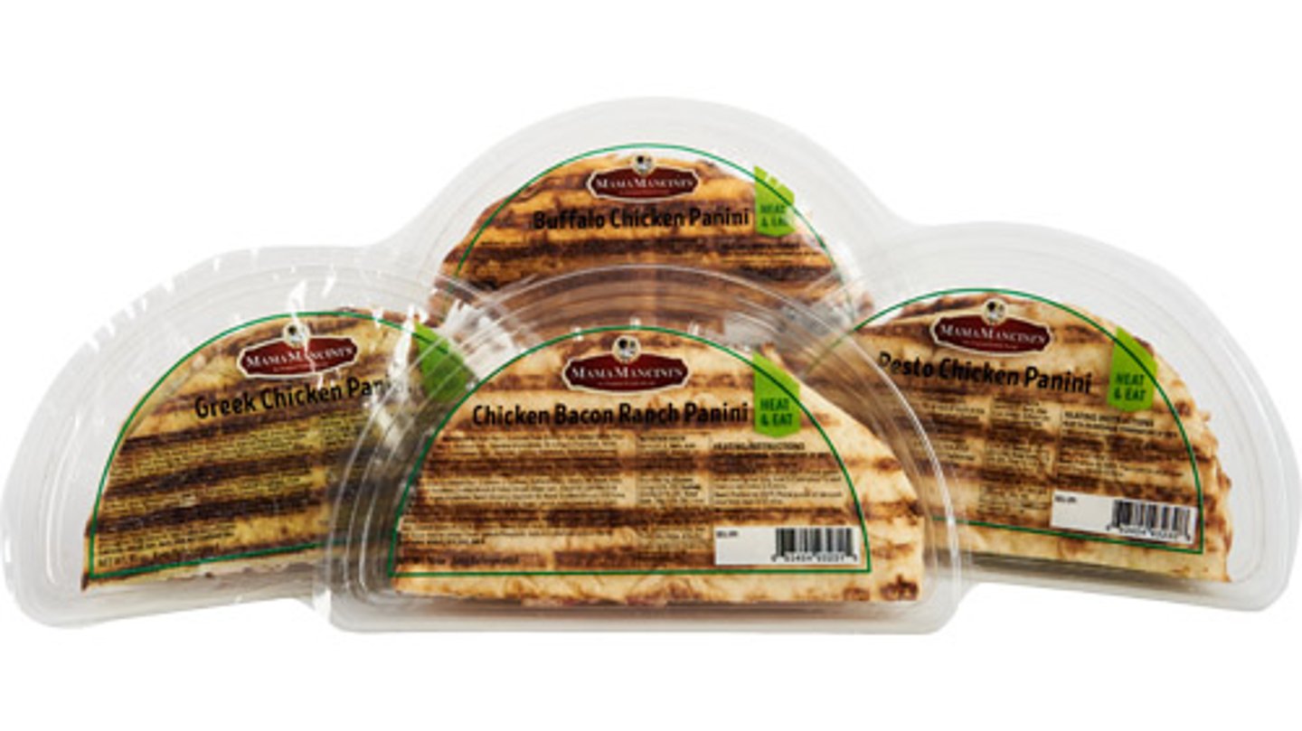 MamaMancini's Flame Grilled Paninis in clamshell packaging for retail