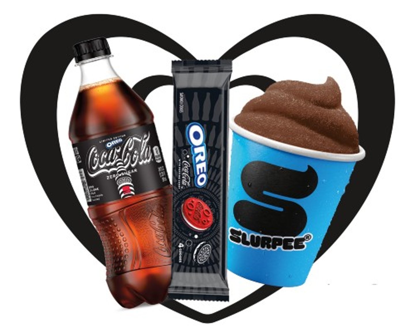 A Coke bottle, Oreo cookies and a Slurpee surrounded by a heart