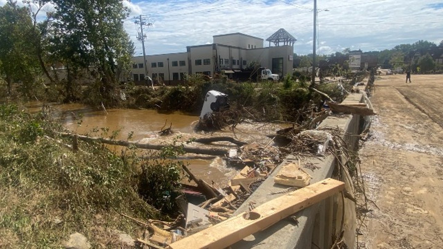Getty image of the aftermath of Hurricane Helene near Biltmore Village in Asheville North Carolina
