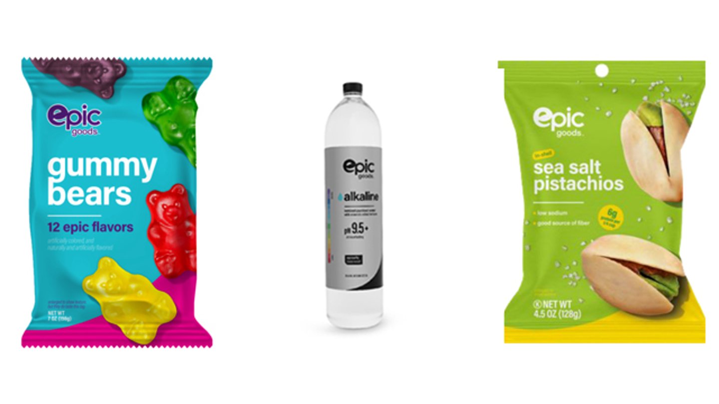 bp's epic goods products including water, gummy bears and nuts