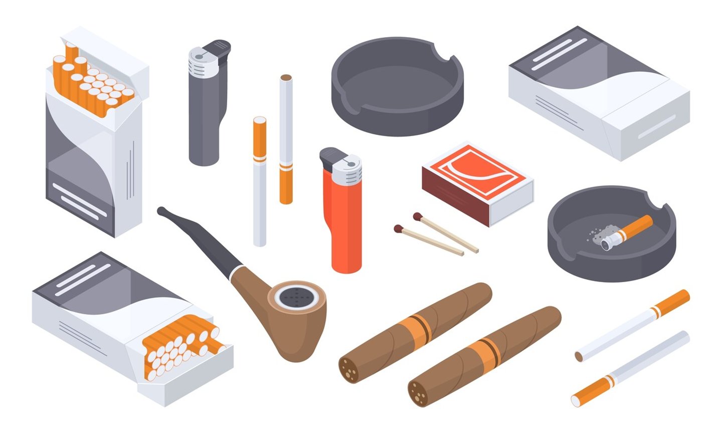 Tobacco products and smoking accessories, including cigarettes, pipe, cigar, matches and lighters